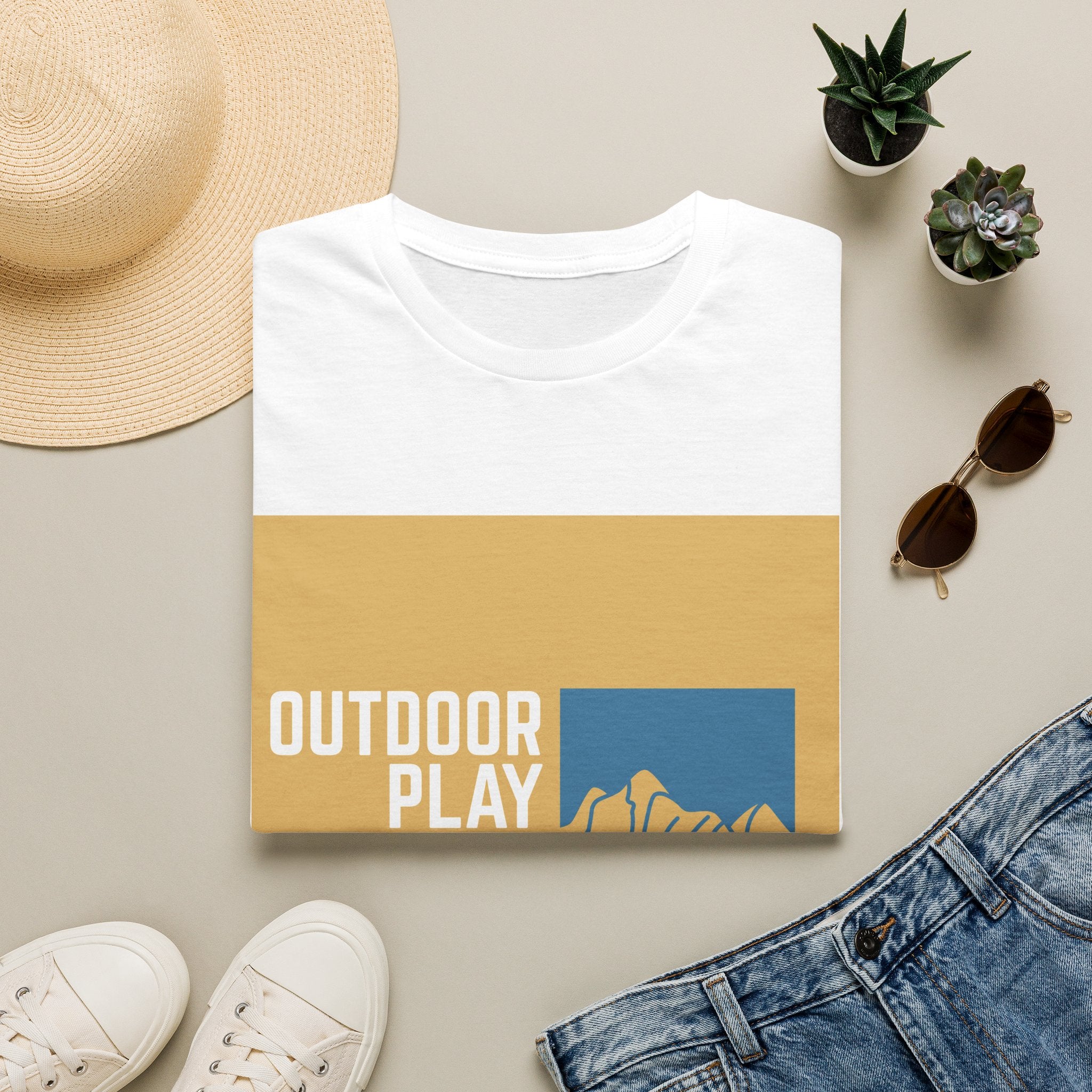 Outdoor Play Hub T-Shirt — Retro Mountain Adventure Graphic Tee