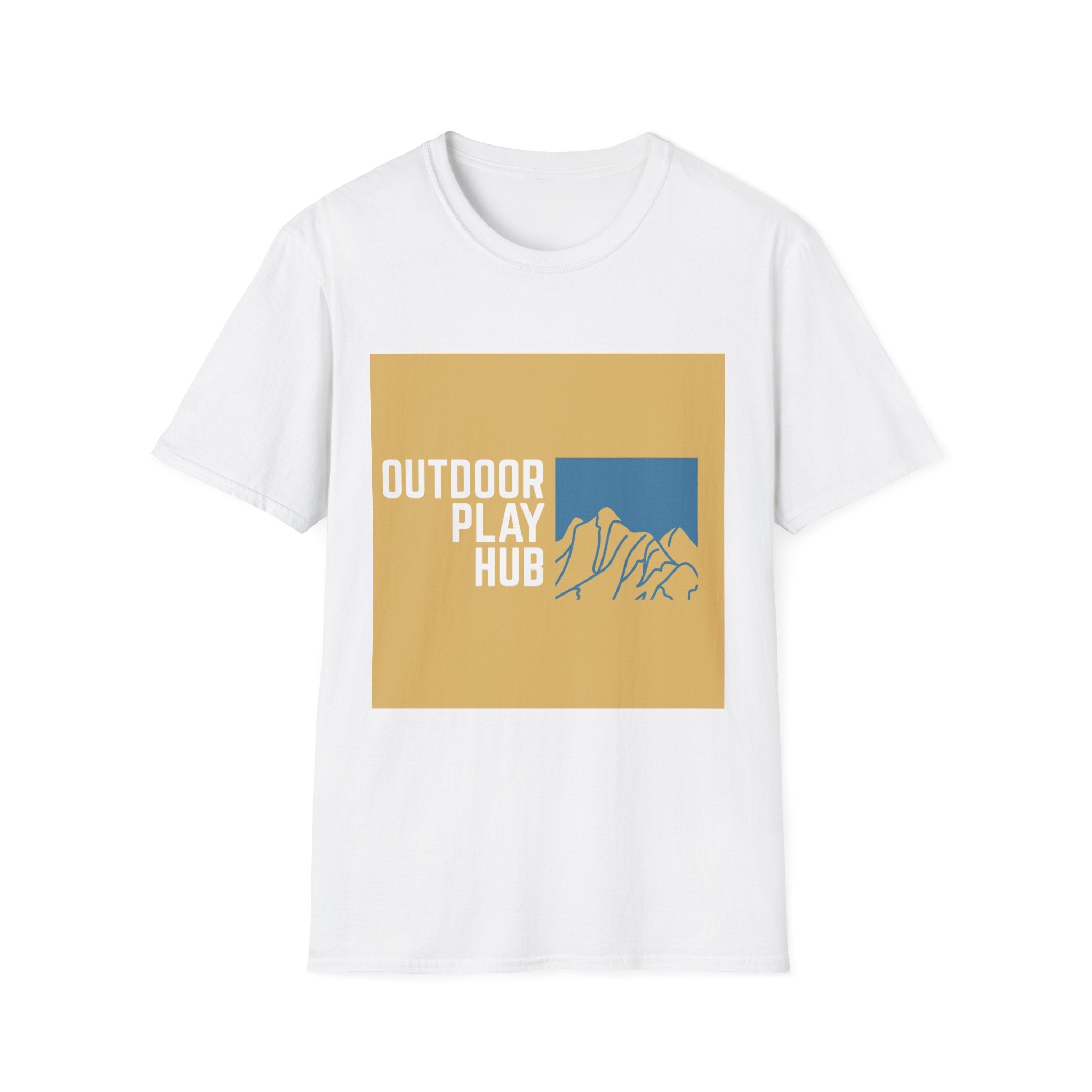 Outdoor Play Hub T-Shirt — Retro Mountain Adventure Graphic Tee