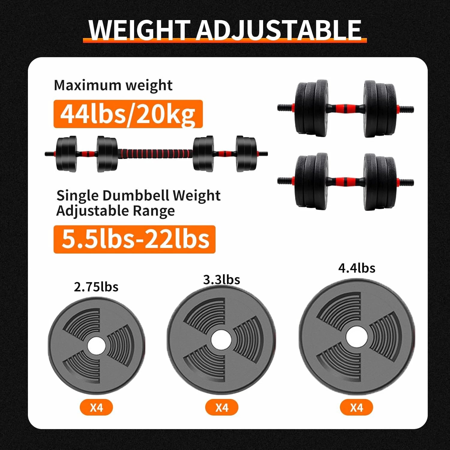 Adjustable Dumbbell Barbell Set 5–44lbs Home Gym Strength Training