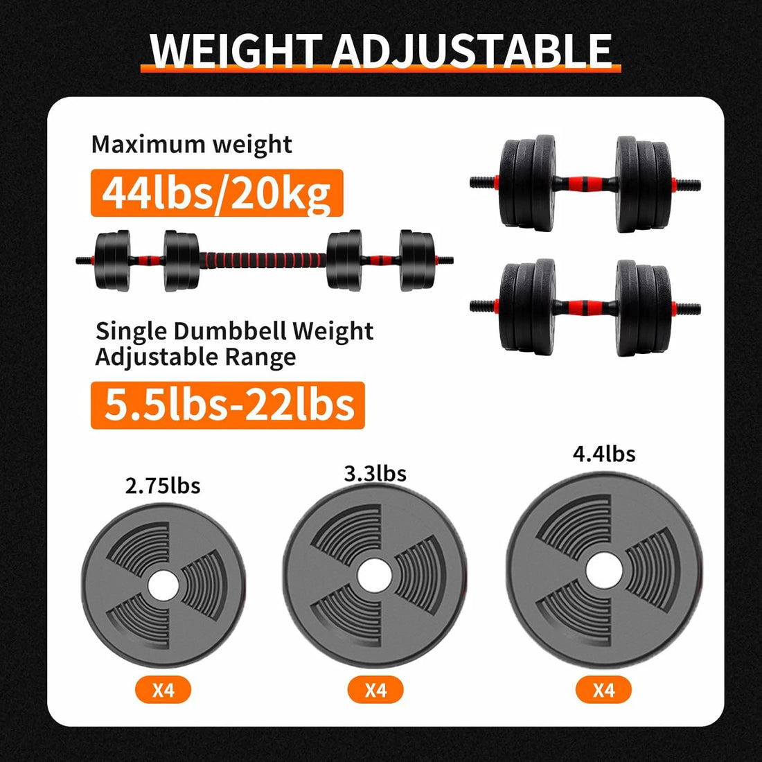 Adjustable Dumbbell Barbell Set 5–44lbs Home Gym Strength Training