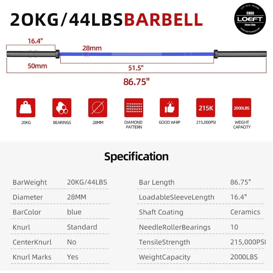 7ft Olympic Barbell 45lb Powerlifting Weightlifting 2000lb Capacity 2 Inch