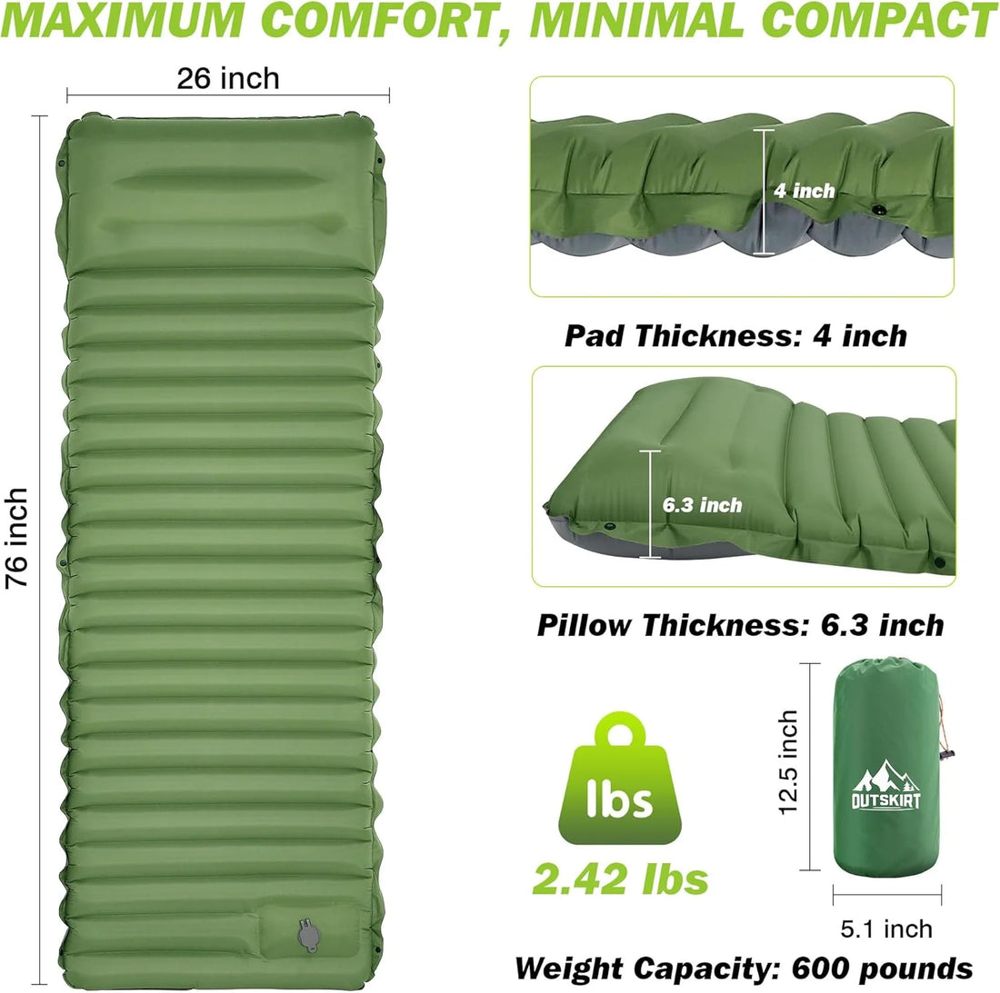 4 Inch Self-Inflating Camping Sleeping Pad Thick Outdoor Hiking Mat