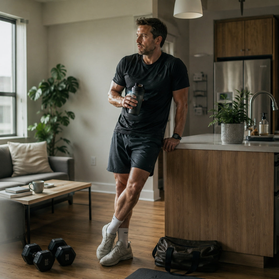 Man in athletic wear standing in a kitchen holding a water bottle, with dumbbells and a gym bag on the floor.