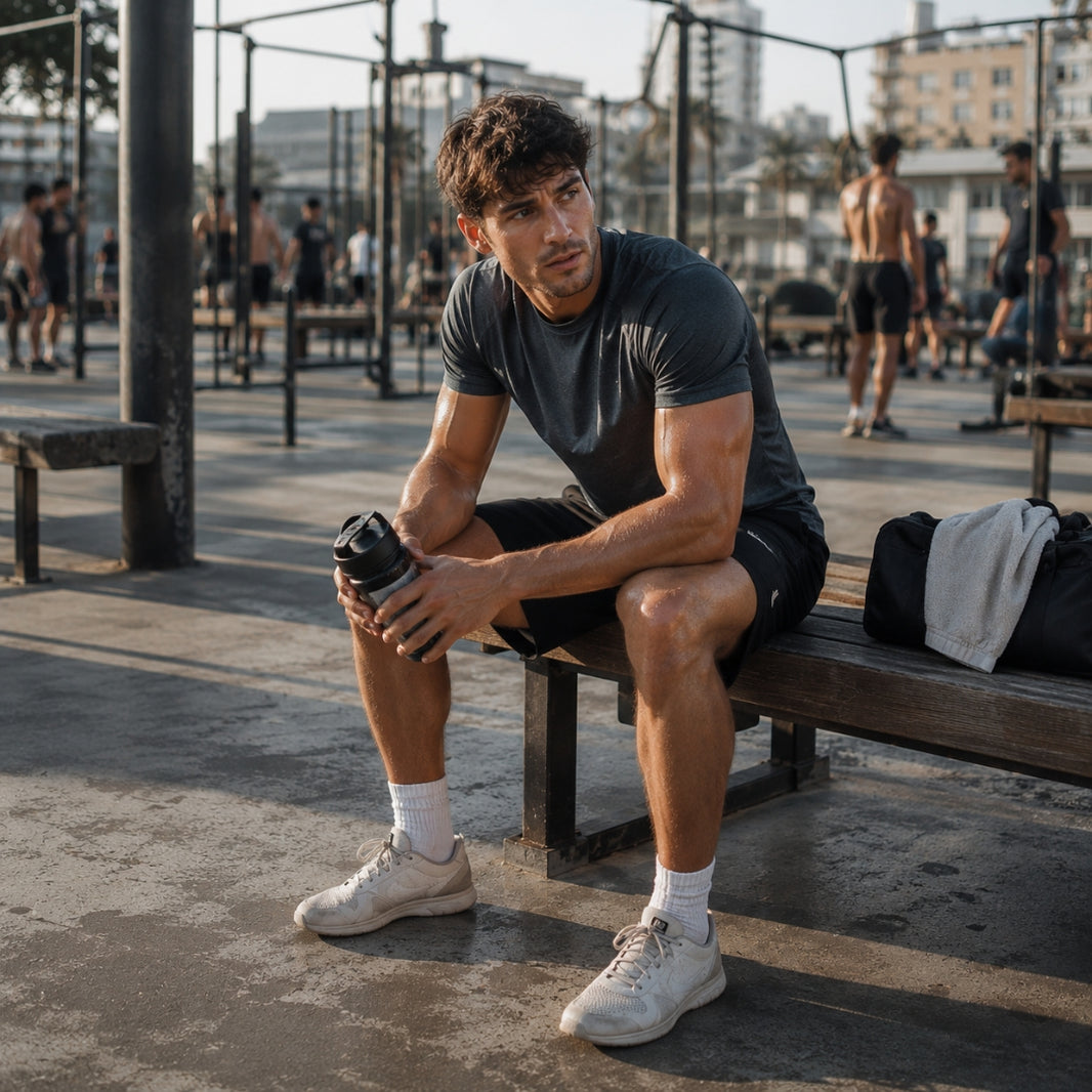 Man sitting on a bench at an outdoor gym holding a water bottle.