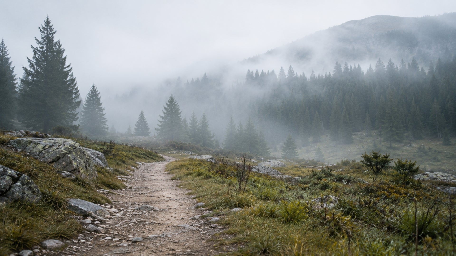 Pathway through a misty forest with mountains in the background