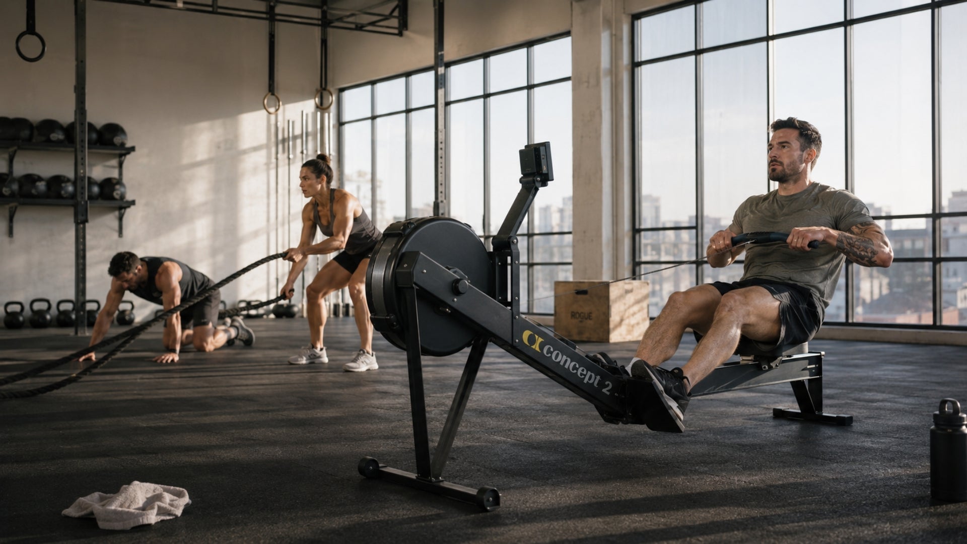 People exercising on rowing machines in a gym with large windows.
