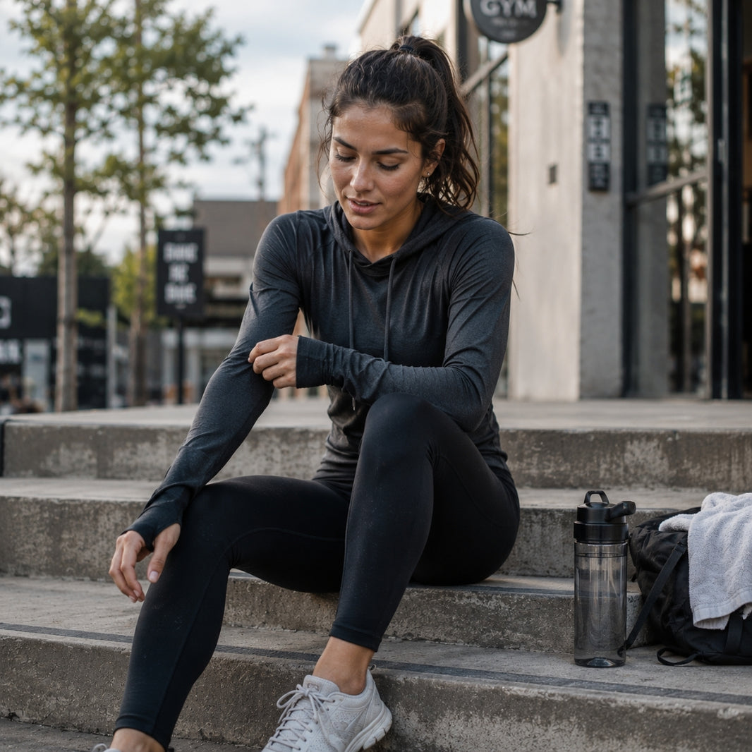 Woman in athletic wear sitting on steps outside a gym