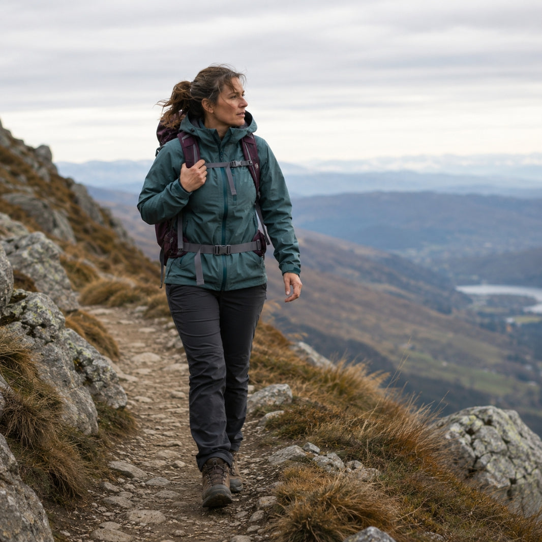 Woman hiking on a mountain trail with a scenic view in the background