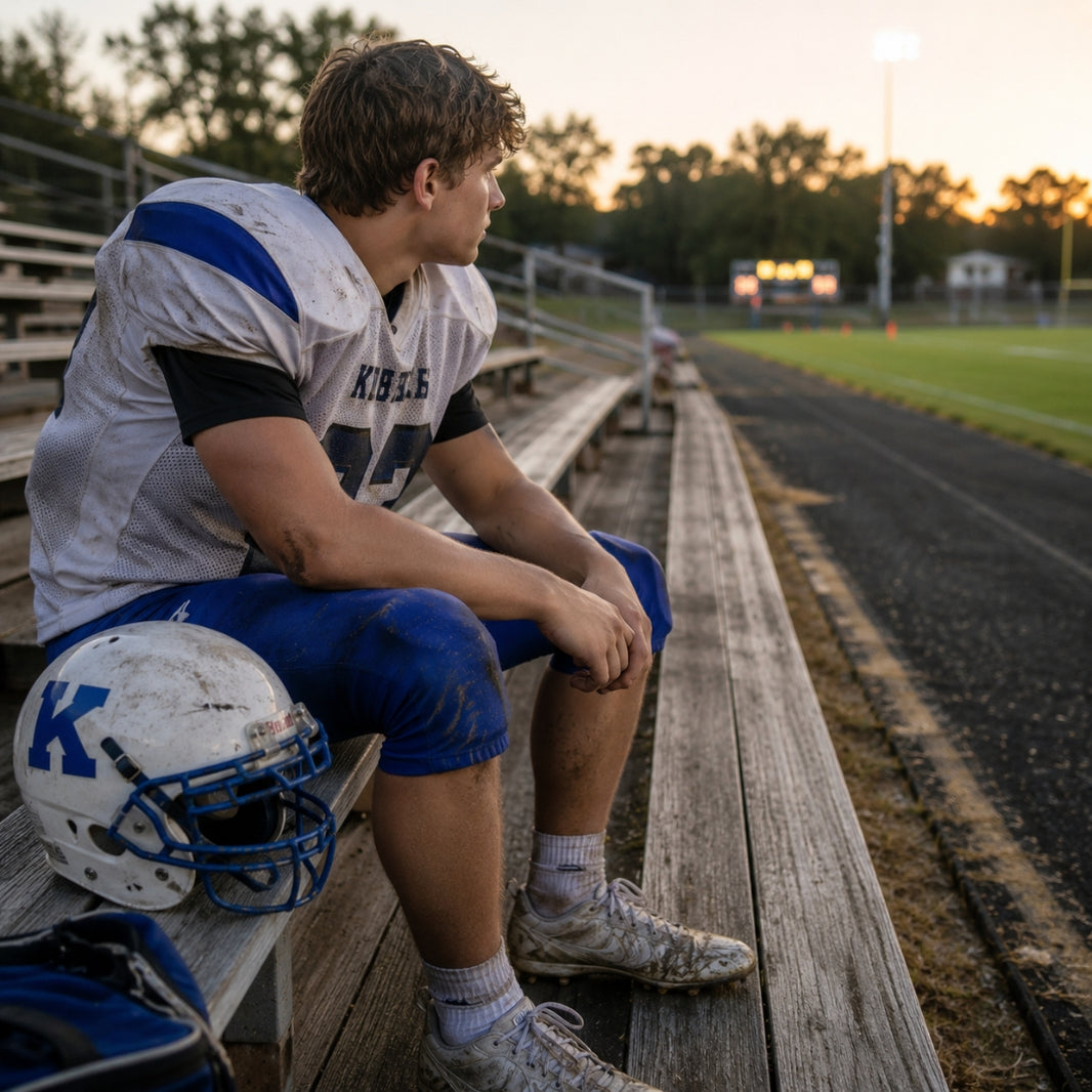 Young football player sitting on a bench at sunset on a sports field